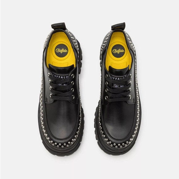 Buffalo London Black Vegan Faux Leather Aspha Pin Lo Studded Platform Loafers - Picture 4 of 14